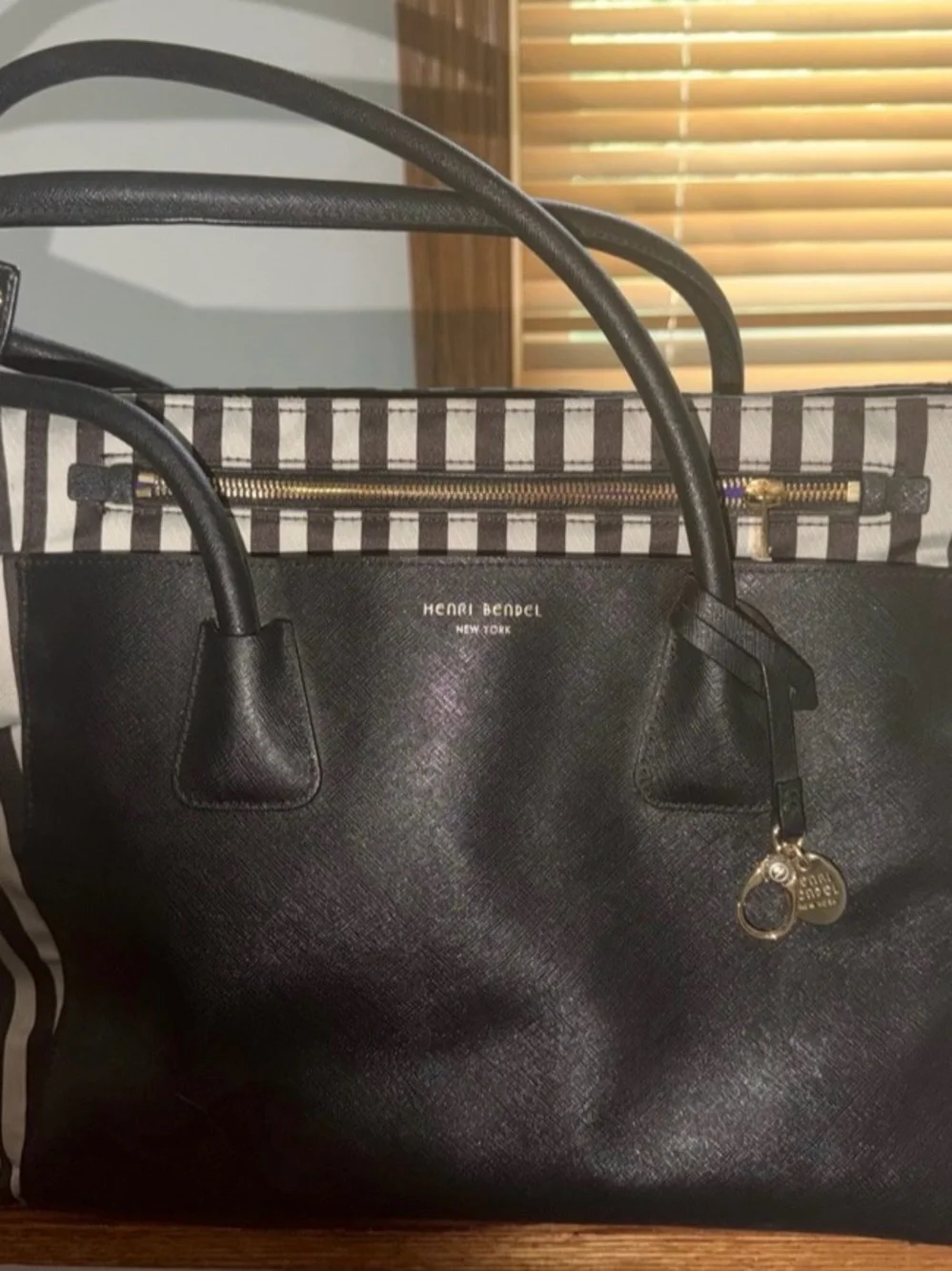 henri bendel Black & White Striped Tote with Gold Accents